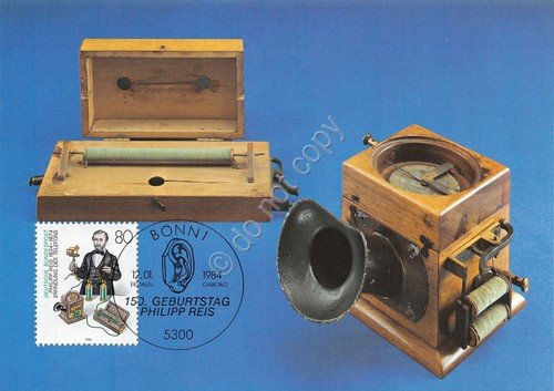 Cartolina Telefon von Philipp Reis links Empfanger timbro filatelico 1984 | Immagine principale