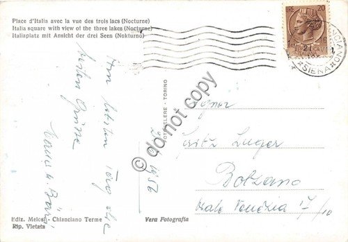 Cartolina Terme di Chianciano Piazza Italia Notturno 1956