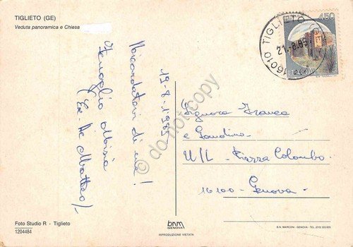 Cartolina Tiglieto panorama e chiesa 1985