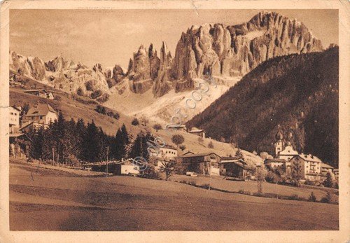 Cartolina Tires panorama con Catinaccio 1952 danneggiata | Immagine principale