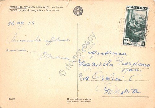 Cartolina Tires panorama con Catinaccio 1952 danneggiata | Immagine Gallery 2