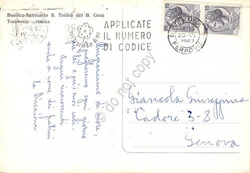 Cartolina Tombetta Verona Santuario S. Teresa del B. Gesù 1967