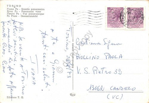 Cartolina Torino Fiume Po panorama parziale 1973