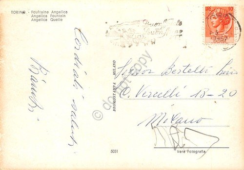 Cartolina Torino Fontana Angelica e palazzi 1957 timbro PT Natale | Immagine Gallery 2