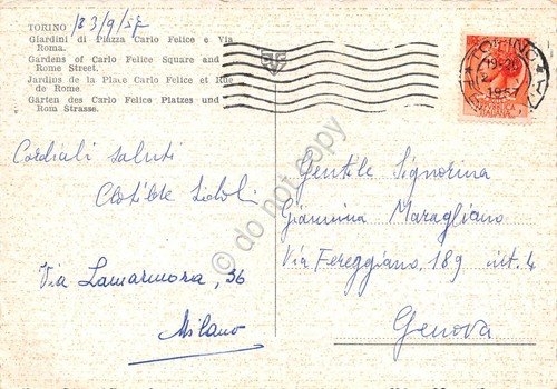 Cartolina Torino Giardini Piazza Carlo Felice Via Roma illustrata