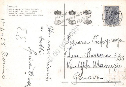 Cartolina Torino Monumento a Duca D'Aosta timbro Vaglia Postali 1958