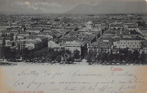 Cartolina Torino panorama 1898 azzurrata