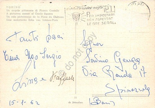 Cartolina Torino Piazza Castello 1962 timbro targhetta PT