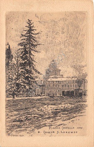 Cartolina Torino Piazza Castello Nord Chiesa San Lorenzo illustrata Grosso | Immagine principale