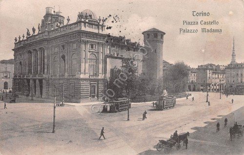 Cartolina Torino Piazza Castello Palazzo Madama tram Carrozza animata 1915