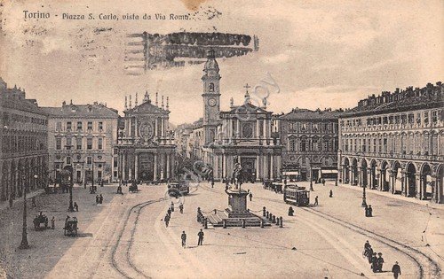 Cartolina Torino Piazza San Carlo vista da Via Roma Tram …