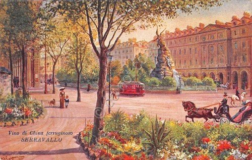 Cartolina Torino Piazza Statuto pubblicità Serravallo Trieste Ed Scrocchi 1911 | Immagine principale