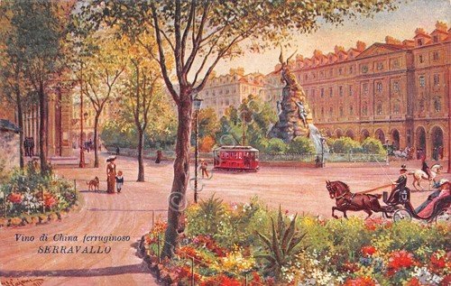 Cartolina Torino Piazza Statuto pubblicità Serravallo Trieste Ed Scrocchi 1911