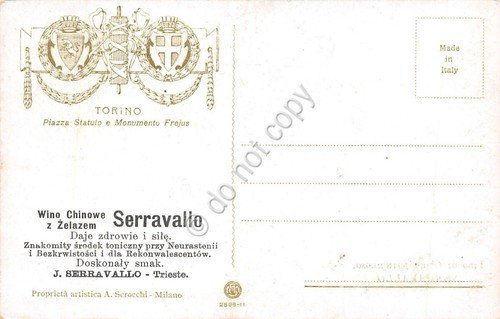 Cartolina Torino Piazza Statuto pubblicità Serravallo Trieste Ed Scrocchi 1911