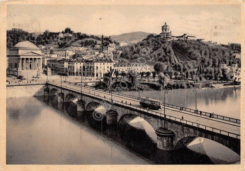 Cartolina Torino Ponte Vittorio Emanuele Tram 1936