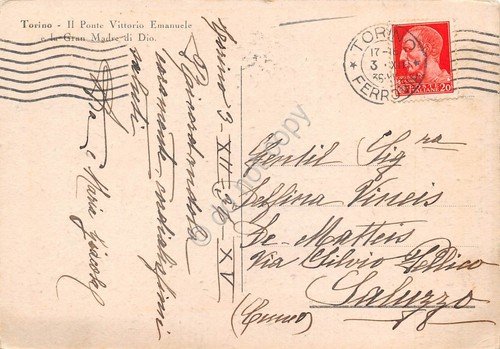 Cartolina Torino Ponte Vittorio Emanuele Tram 1936