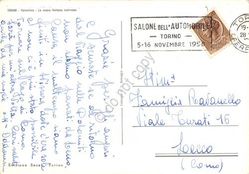 Cartolina Torino Valentino timbro a targhetta Salone automobile 1958 Ed. …