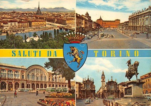 Cartolina Torino varie vedute Ed. SACAT timbro Buon Natale