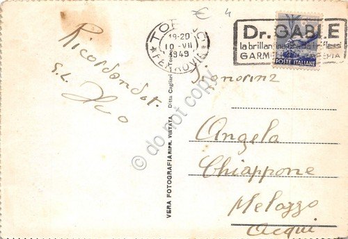 Cartolina Torino Via Viotti 1949 timbro Dr Gable danneggiata