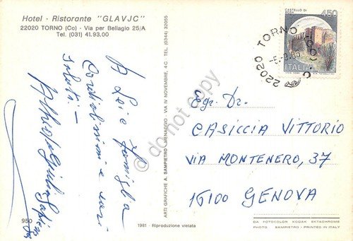 Cartolina Torno Como Hotel Glavjc 1985 | Immagine Gallery 2