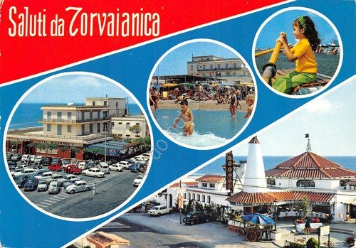 Cartolina Torvaianica 4 vedute Hotel Miramare bar animata