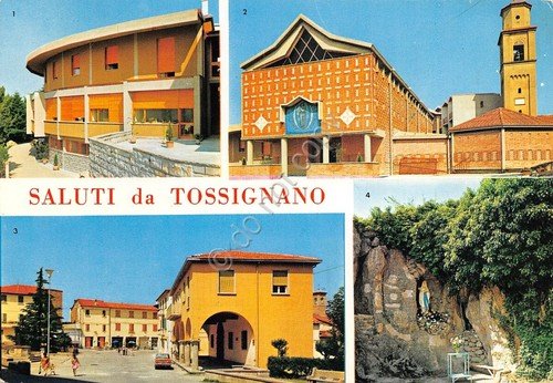 Cartolina Tossignano vedute Villa S. Maria Chiesa S. Michele Piazza …