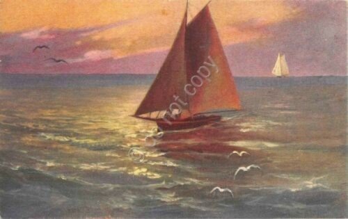 Cartolina Tramonto con barca a vela 1912 illustrata | Immagine principale