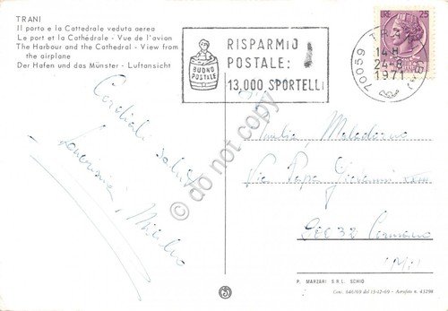 Cartolina Trani Porto e Cattedrale panorama aereo 1971 (Bari)