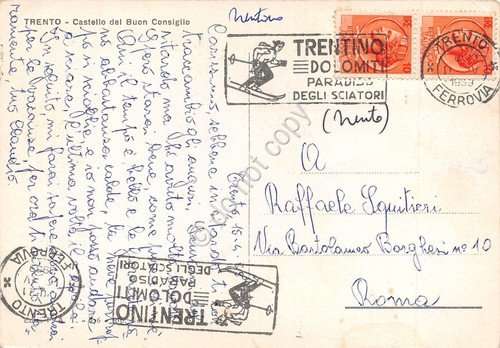 Cartolina Trento Castello timbro a targhetta Trentino paradiso sciatori 1959
