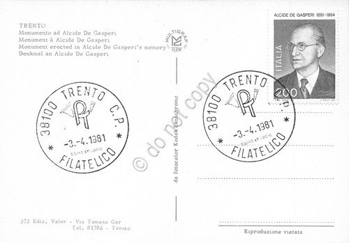 Cartolina Trento Monumento a De Gasperi timbro filatelico 1981 Francobollo …