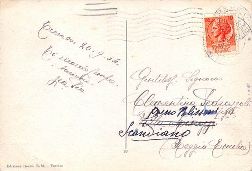 Cartolina Treviso Piazza San Leonardo animata ciclista 1954