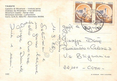 Cartolina Trieste Castello Miramare Panorama aereo 1983