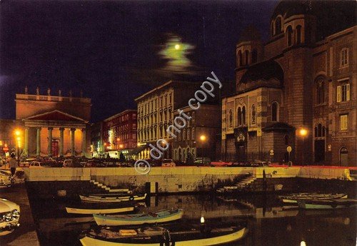 Cartolina Trieste Chiesa S. Antonio e canale barche notturno