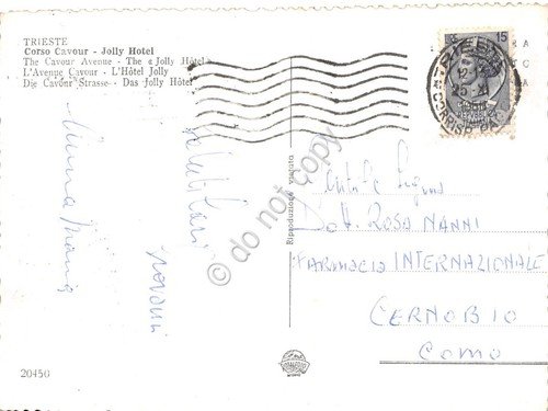 Cartolina Trieste Corso Cavour Hotel Jolly notturno anni '50