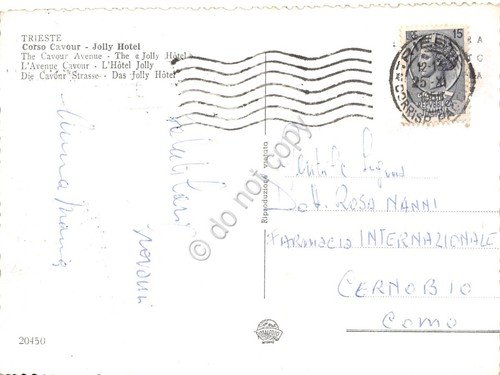 Cartolina Trieste Corso Cavour Hotel Jolly notturno anni '50