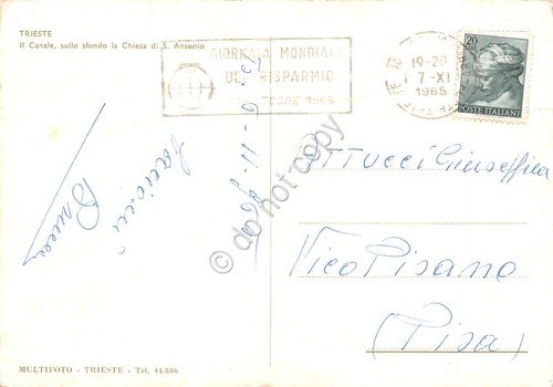 Cartolina Trieste il canale dall'alto auto barche Chiesa S. Antonio …