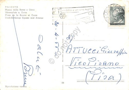 Cartolina Trieste Piazza della Borsa e Corso Olivetti notturno 1966
