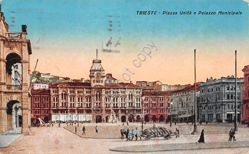 Cartolina Trieste Piazza Unità Palazzo Municipale illustrata Timbro Visitate Ita