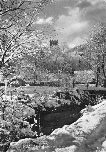 Cartolina Ulzio panorama con torrente e neve 1959