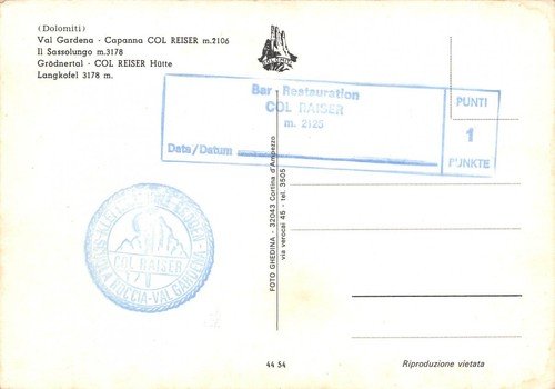 Cartolina Val Gardena Capanna Col Reiser (Bolzano)