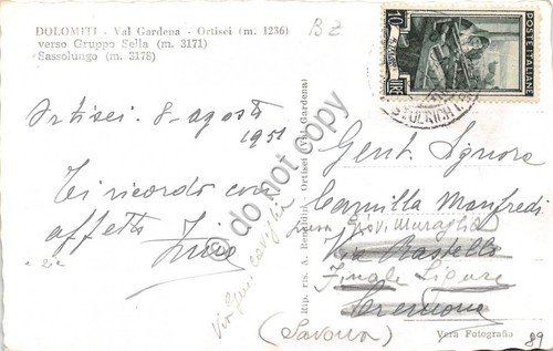 Cartolina Val Gardena Ortisei verso Gruppo Sella Sassolungo 1951