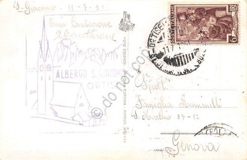 Cartolina Val Gardena San Giacomo verso Sassolungo 1951 Timbro Albergo