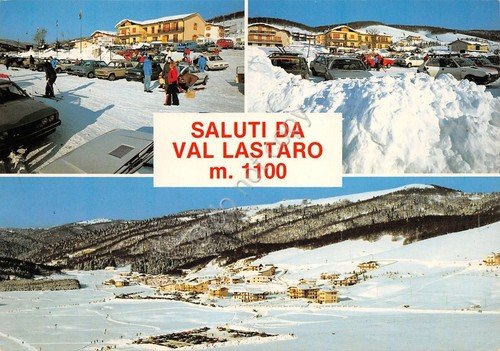 Cartolina Val Lastaro vedute varie sci auto d'epoca parcheggio 1983