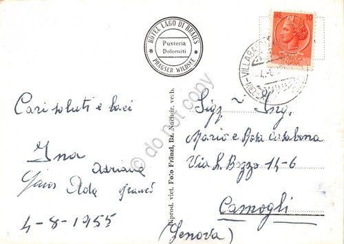 Cartolina Val Pusteria Hotel Lago di Braies 1955 timbro albergo | Immagine Gallery 2