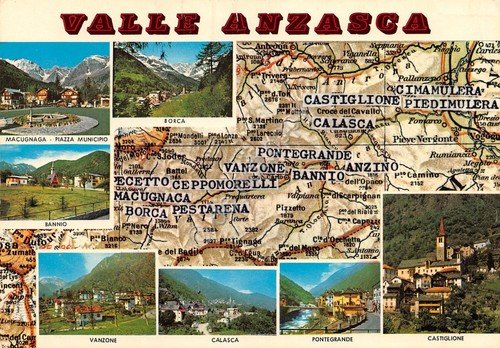Cartolina Valle Anzasca vedute con mappa cartina stradale (Verbania) | Immagine principale