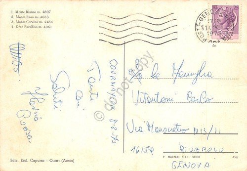Cartolina Valle d'Aosta M. Bianco M. Rosa Cervino 4 vedute …
