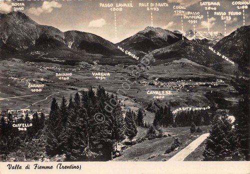 Cartolina Valle di Fiemme Trentino con indicazioni 1948
