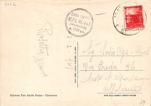 Cartolina Valle Spluga campi di sci sci sciatori animata 1948