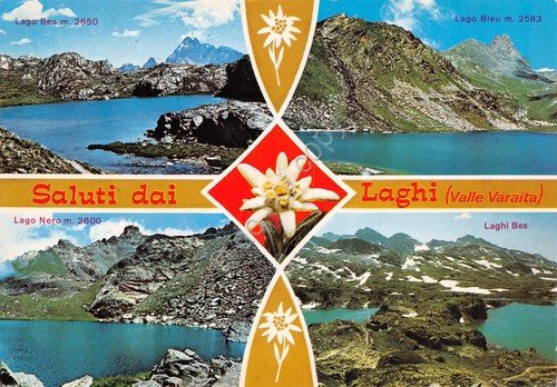 Cartolina Valle Varaita vedute varie di laghi 1988 (Cuneo)