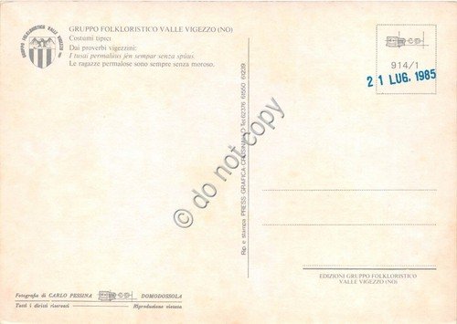 Cartolina Valle Vigezzo costumi tipici proverbio al retro